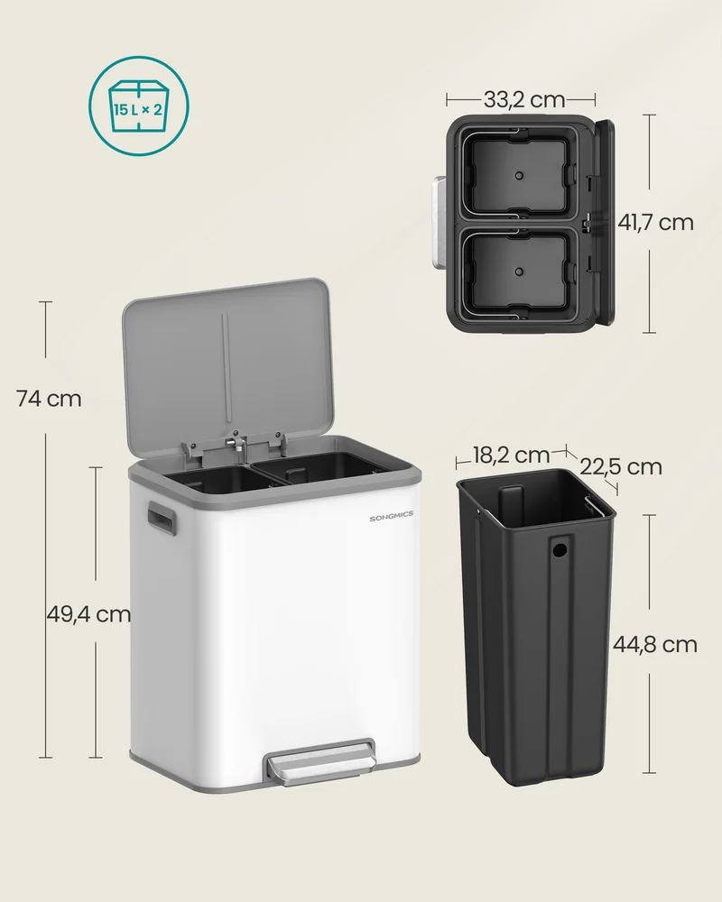 Poubelle de cuisine double recyclage 41,7 x 33,2 x 49,4 cm fermeture douce ergonomique style moderne en acier blanc 12_0011066
