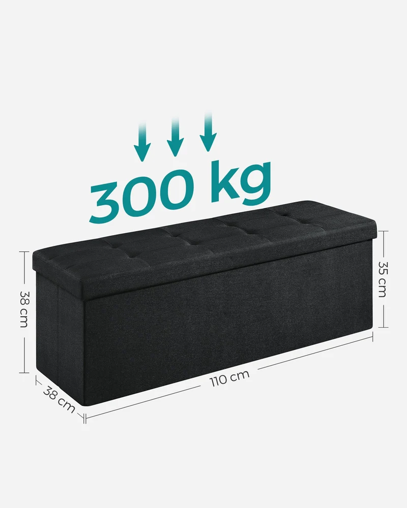 Banc de rangement pliable pouf coffre 38 x 110 x 38 cm assise confortable ambiance cosy en tissu noir 12_0010345