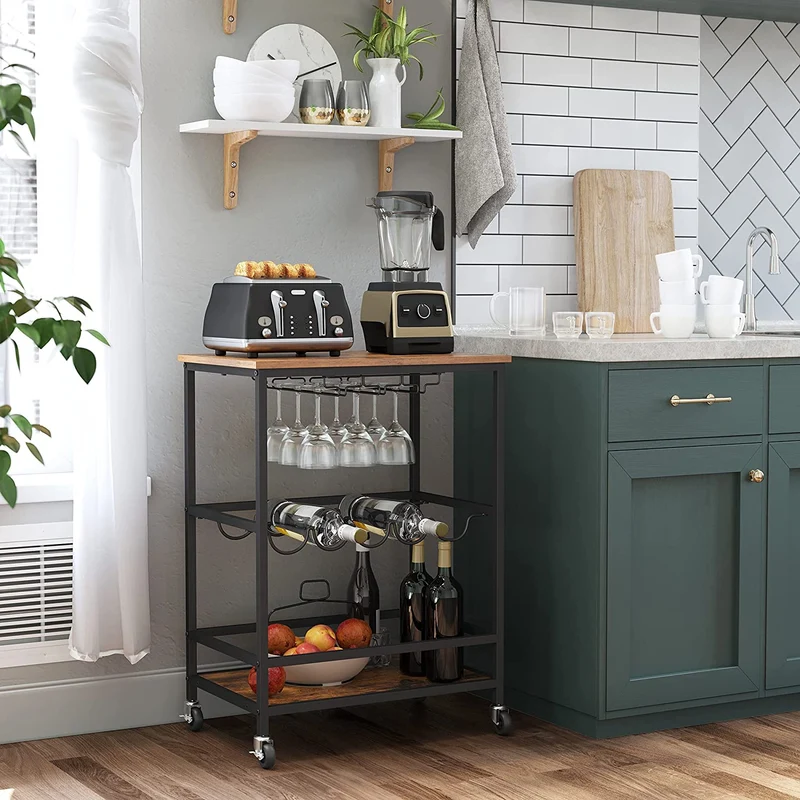 Desserte mobile sur roulettes avec supports pour verres et portes-bouteilles 60 x 40 x 75 cm style industriel en aggloméré marron 12_0009765