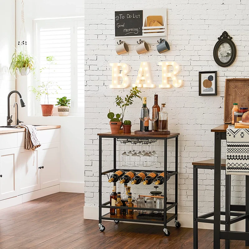 Desserte mobile sur roulettes avec supports pour verres et portes-bouteilles 60 x 40 x 75 cm style industriel en aggloméré marron 12_0009765
