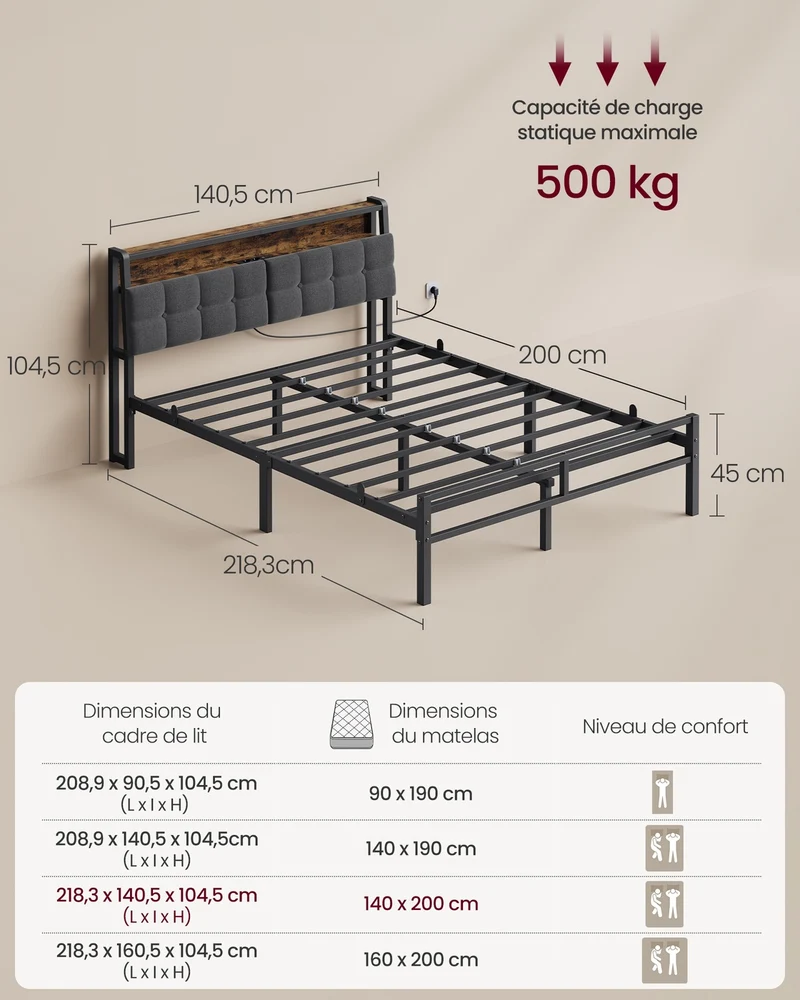 Cadre de lit avec tête de lit et éclairage LED 218 x 140 x 104 cm ambiance cosy design moderne en métal noir mat 12_0013092