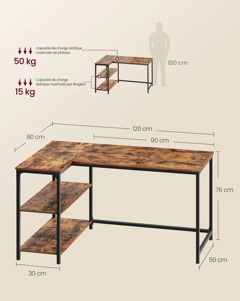 Bureau gaming en L avec rangement étagères réglables 120 x 80 x 76 cm style contemporain en aggloméré marron 12_0012914