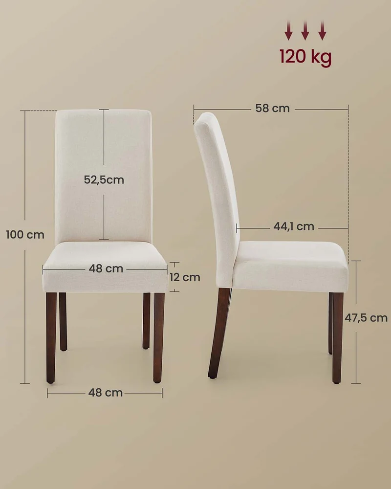 Lot de 2 chaises de salle à manger haut dossier assise épaisse 58 x 48 x 100 cm en bois d'hévéa blanc crème 12_0012826