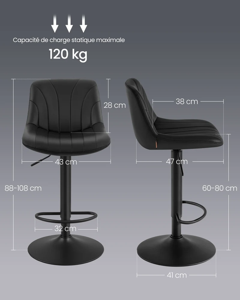Lot de 2 tabourets de bar hauteur réglable 46,5 x 43 x 88-108 cm avec repose-pied design moderne en acier noir 12_0012782