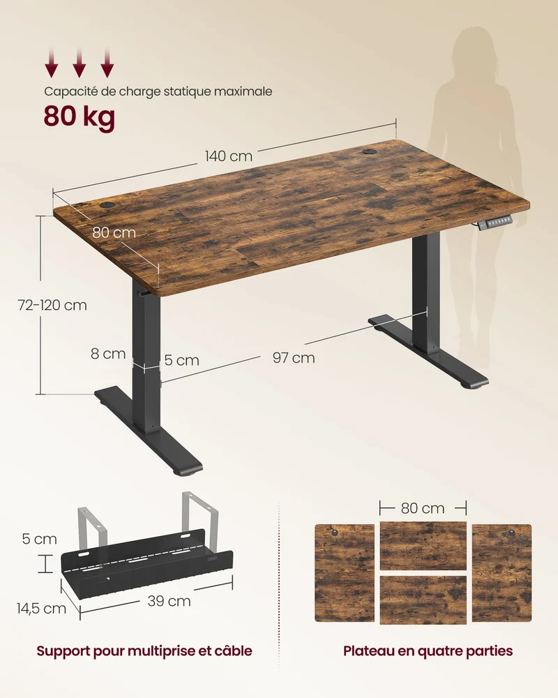 Bureau électrique réglable en hauteur 140 x 80 cm avec fonction mémoire 3 hauteurs et port USB-C style rustique en aggloméré marron 12_0012773