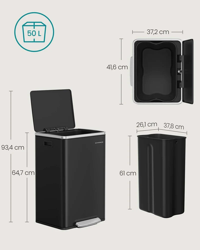 Poubelle de cuisine 50 L avec seau intérieur amovible ergonomique 41,6 x 37,2 x 64,7 cm en acier noir 12_0012743