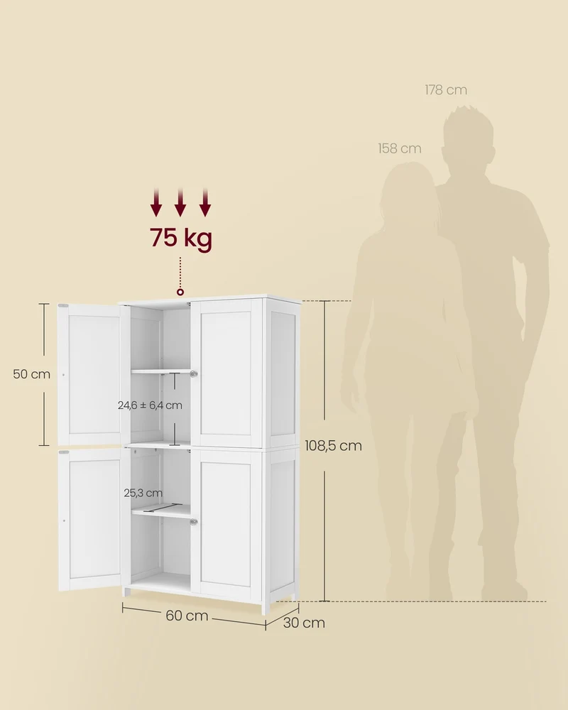 Meuble de rangement haut design épuré 30 x 60 x 108,5 cm 4 portes 2 étagères réglables en MDF blanc nuage 12_0012522