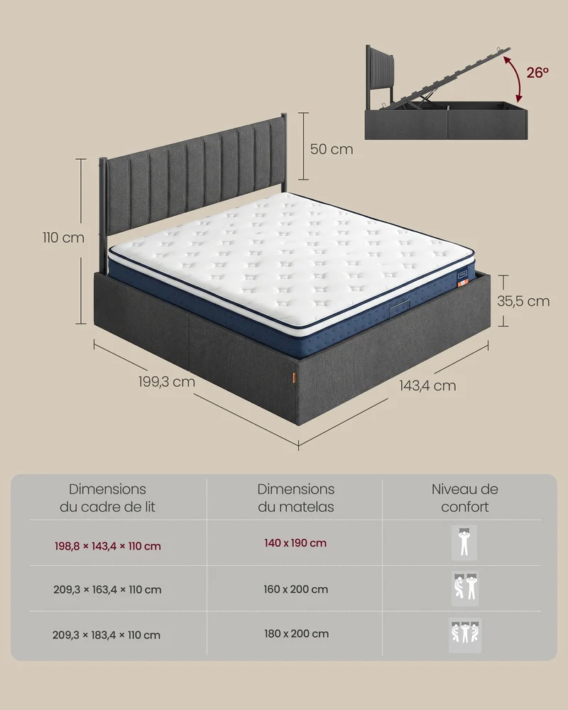 Lit coffre 140 x 190 cm sommier relevable avec rangement moderne chambre 198,8 x 143,4 x 110 cm en tissu gris ardoise 12_0012409