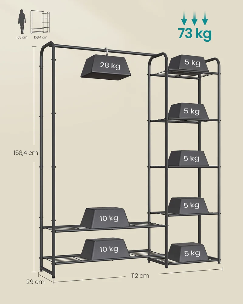 Portant à vêtements avec tringle et étagères 29 x 112 x 158,4 cm capacité 73 kg style moderne en acier noir mat 12_0012368