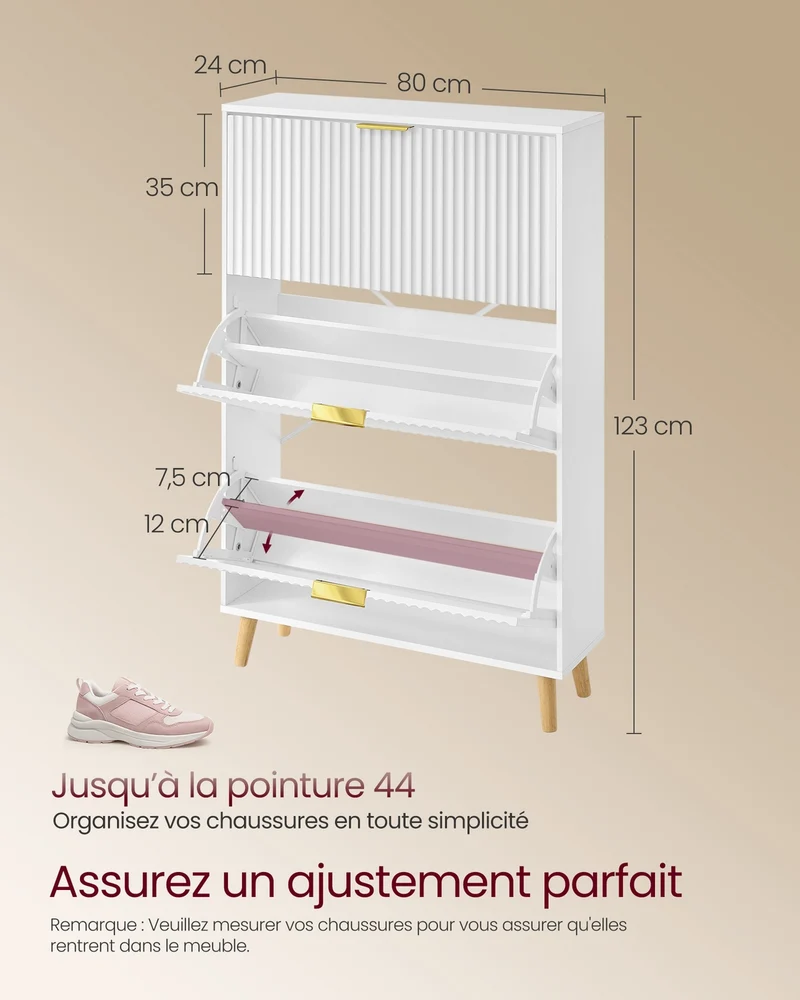 Meuble à chaussures moderne pour entrée étroite 24 x 80 x 123 cm finition épurée design contemporain en aggloméré blanc 12_0012214