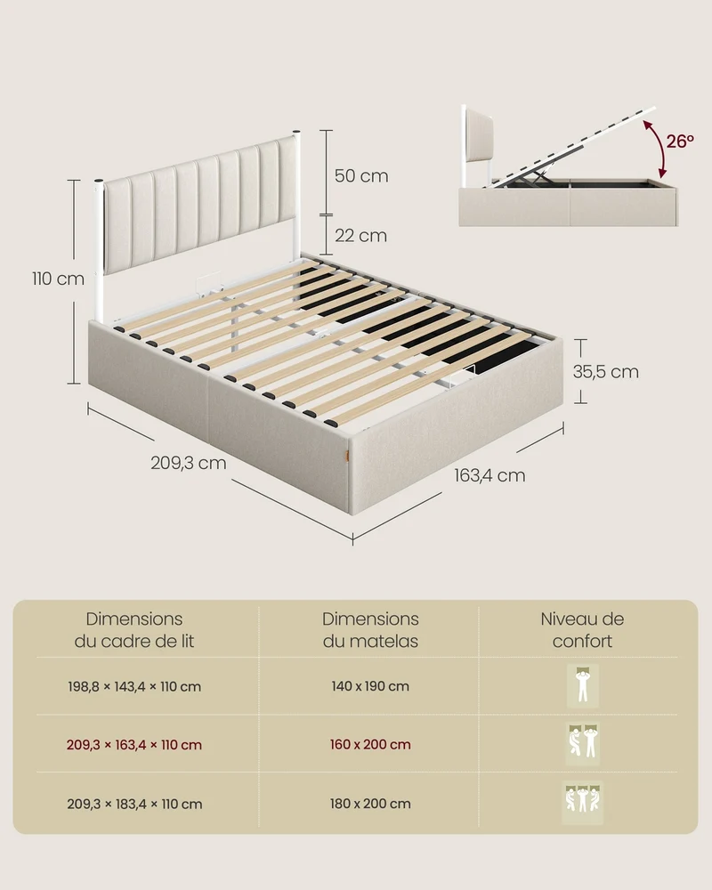 Lit coffre moderne 209,3 x 163,4 x 110 cm sommier relevable rangement pratique style minimaliste en tissu beige cappuccino 12_0012155