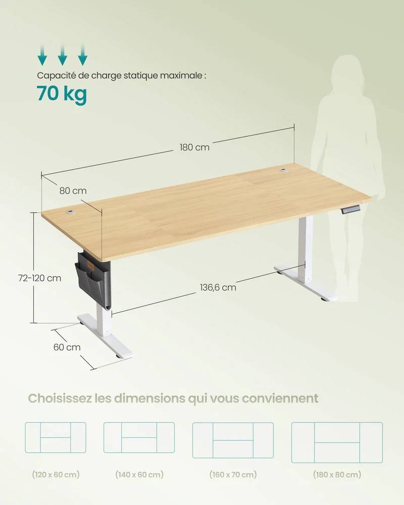 Bureau électrique assis-debout réglable hauteur 180 x 80 x 72-120 cm 4 hauteurs mémorisables design moderne en aggloméré doré chêne 12_0011951