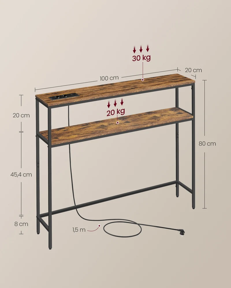 Console de couloir design épuré 20 x 100 x 80 cm avec 2 étagères fonctionnelles en panneau d'aggloméré noir d'encre 12_0011303
