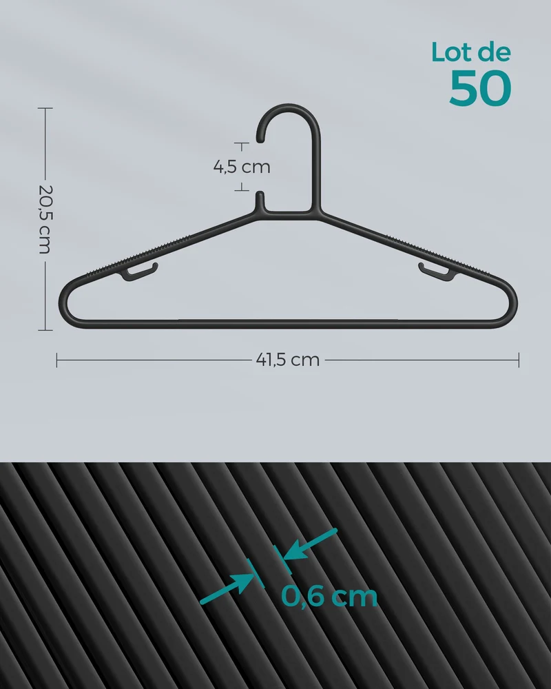 Lot de 50 cintres légers gain de place pour pantalons manteaux robes 41,5 x 20,5 cm en plastique noir 12_0010710