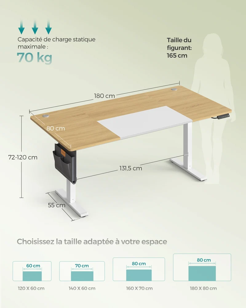 Bureau électrique réglable en hauteur 180 x 80 cm avec fonction mémoire et port USB-C pour télétravail en bois chêne naturel 12_0012841