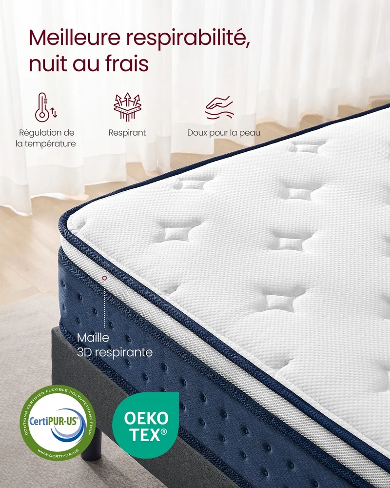Matelas simple 90 x 190 x 20 cm soutien mi-ferme 7 zones confort optimal finition respirante en mousse bleu 12_0012644