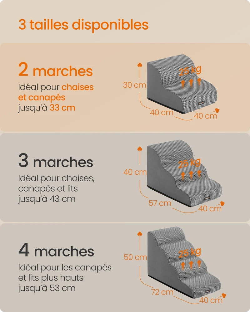 Escalier pour chien à 2 marches design antidérapant 40 x 40 x 30 cm en velours gris tourterelle 12_0012417