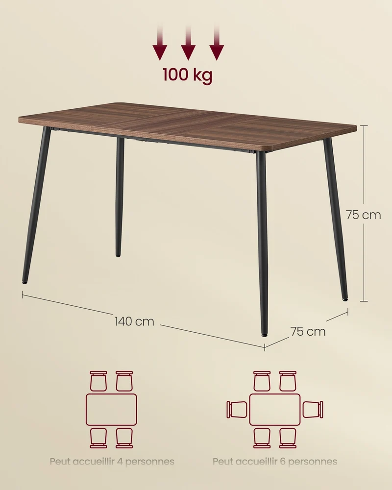 Table à manger moderne pour 4-6 personnes surface résistante à la chaleur 75 x 140 x 75 cm en aggloméré noir 12_0012156