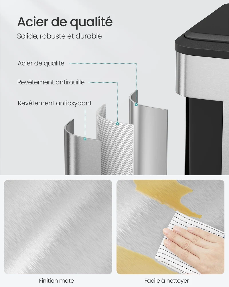 Poubelle de cuisine double recyclage 41,7 x 33,2 x 49,4 cm avec pédale ergonomique design moderne en acier argent 12_0011991