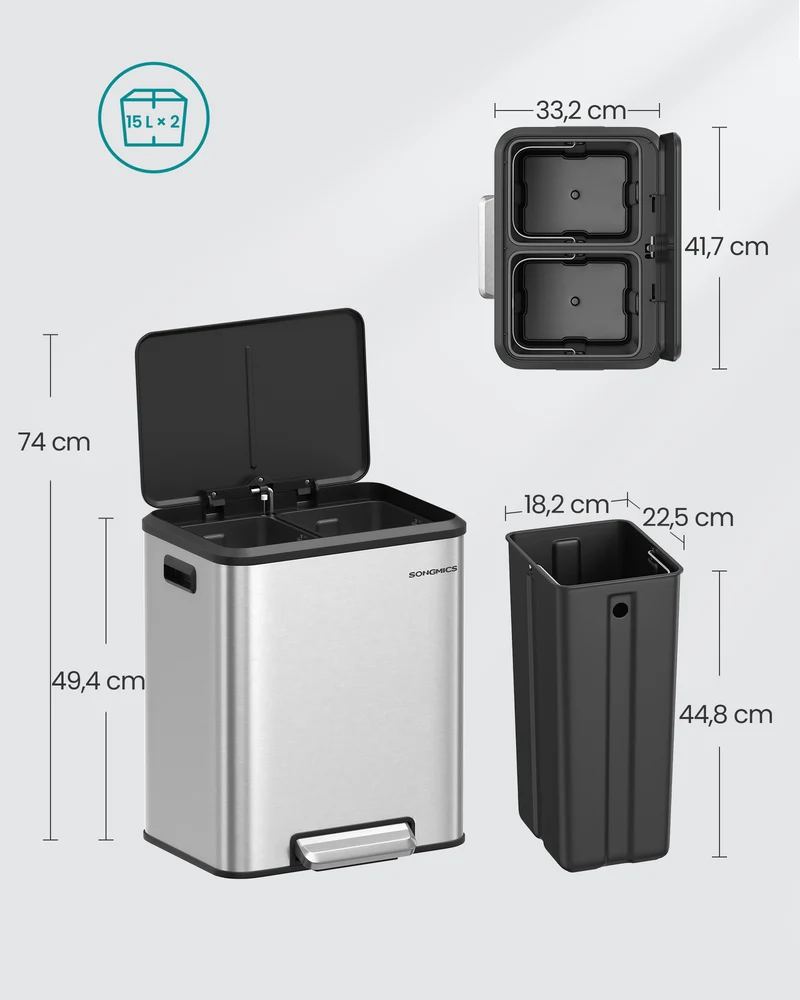 Poubelle de cuisine double recyclage 41,7 x 33,2 x 49,4 cm avec pédale ergonomique design moderne en acier argent 12_0011991