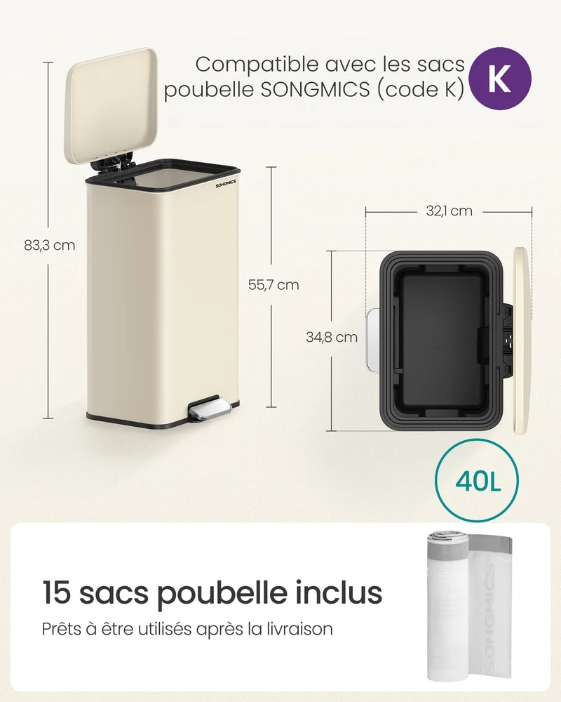 Poubelle de cuisine à pédale 34,8 x 32,1 x 55,7 cm pratique avec couvercle et 15 sacs poubelle en acier beige sable 12_0011266