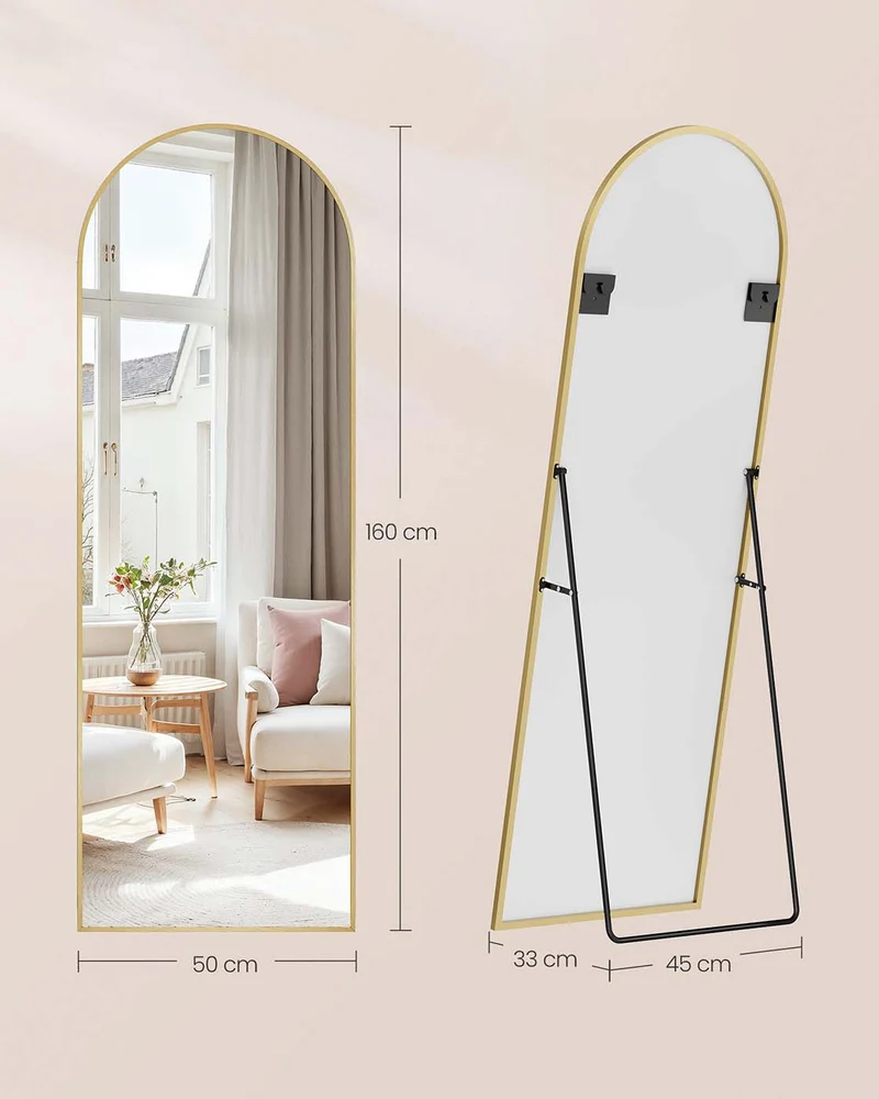 Miroir rectangulaire sur pied 160 x 50 cm design contemporain chambre salon dressing en verre trempé doré clair 12_0011109