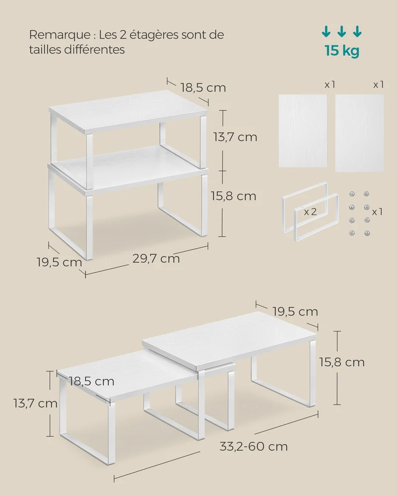 Lot de 4 étagères à épices extensibles cuisine 19,5 x 29,7 x 15,8 cm style moderne en métal blanc 12_0011080