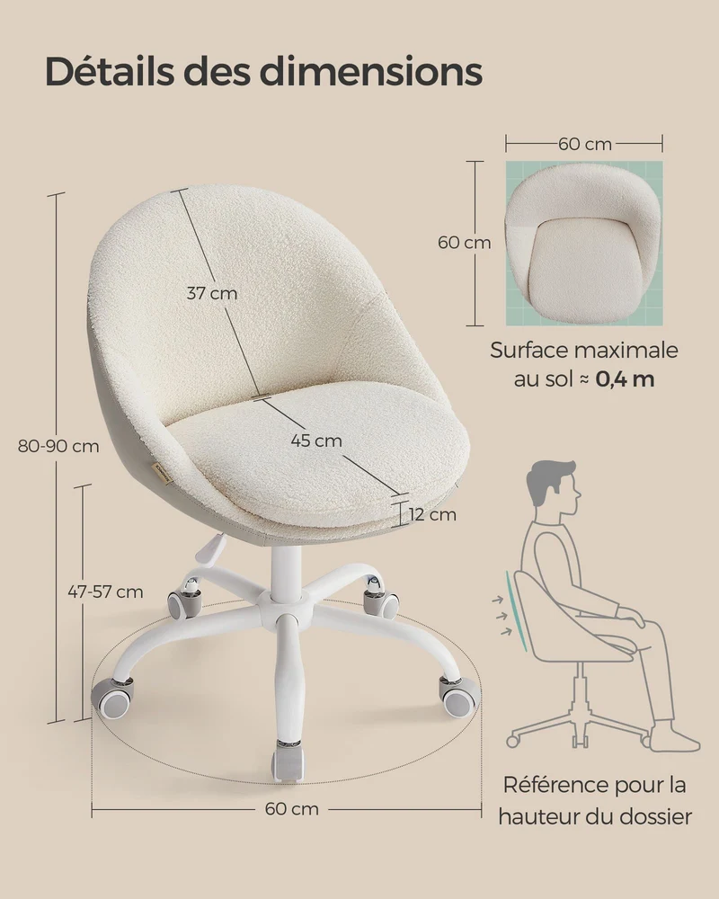 Chaise de bureau pivotante réglable hauteur 60 x 60 x 90 cm assise confortable design moderne en tissu beige cappuccino 12_0010983