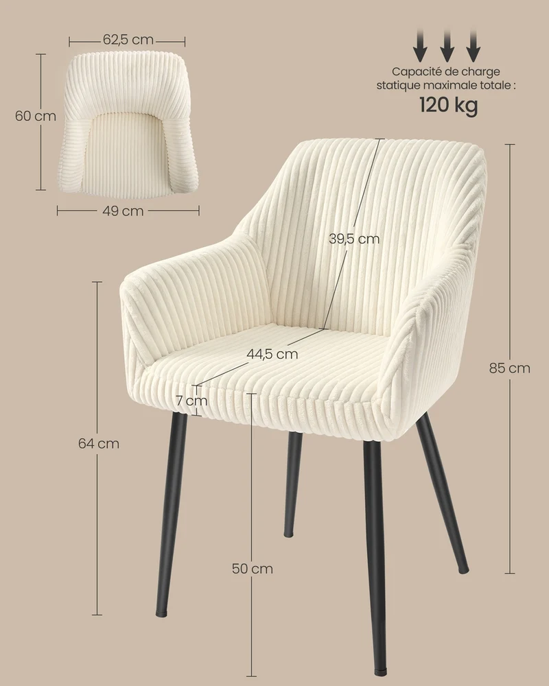 Chaise de salle à manger design moderne avec accoudoirs 60 x 62,5 x 85 cm confort rembourré en velours gris 12_0009842