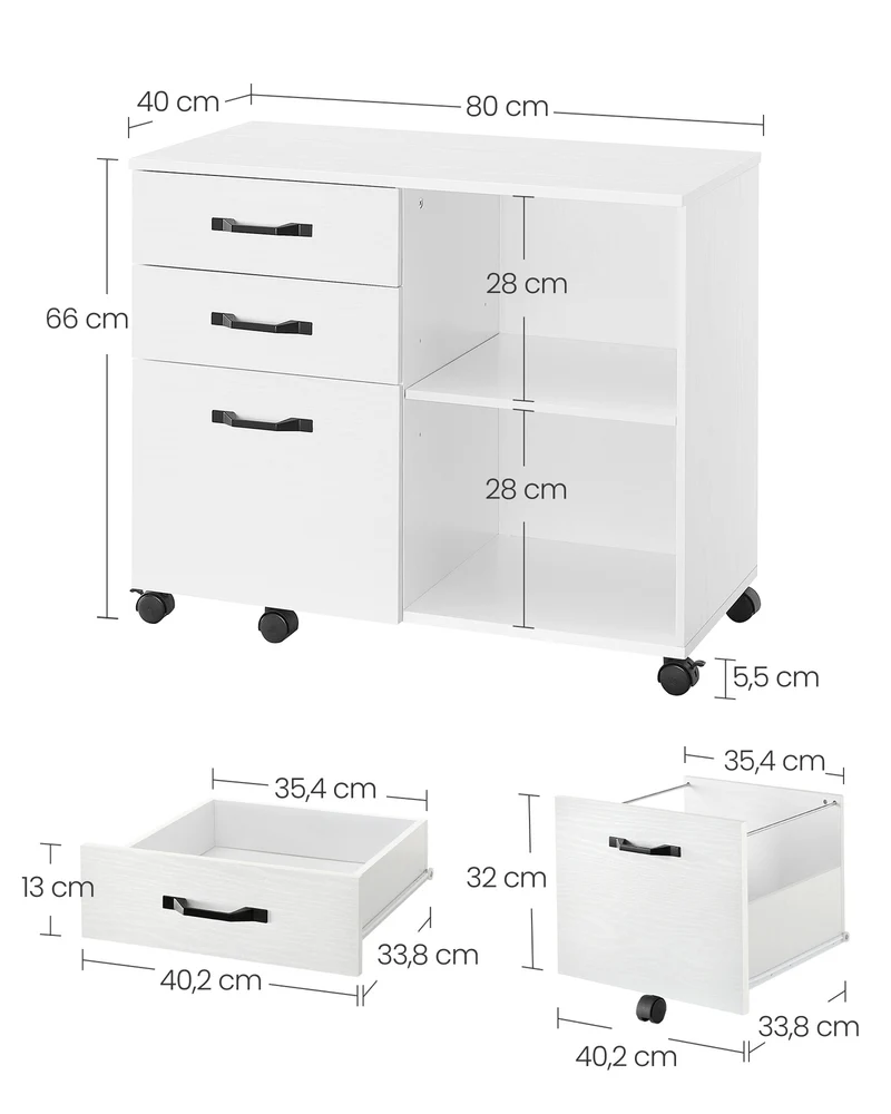 Caisson de rangement à 3 tiroirs bureau 40 x 80 x 66 cm design industriel ambiance cosy en aggloméré blanc boisé 12_0009564