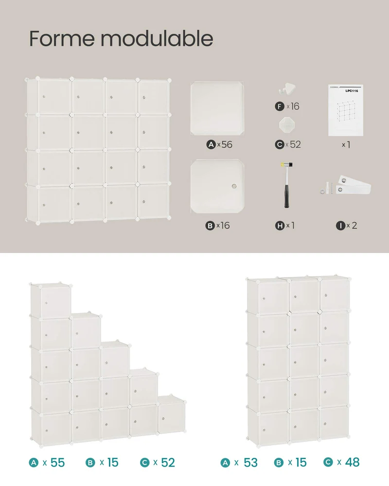 Meuble de rangement modulable 16 cubes étagère en plastique avec portes pour vêtements chaussures livres assemblage facile blanc crème 12_0006452