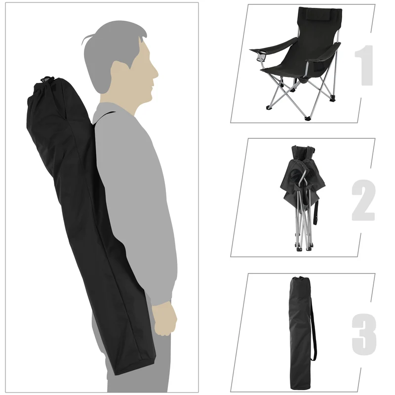 Chaise de camping pliable avec accoudoirs et porte-verres 81 x 70 x 91 cm confort extérieur en fer noir 12_0010022