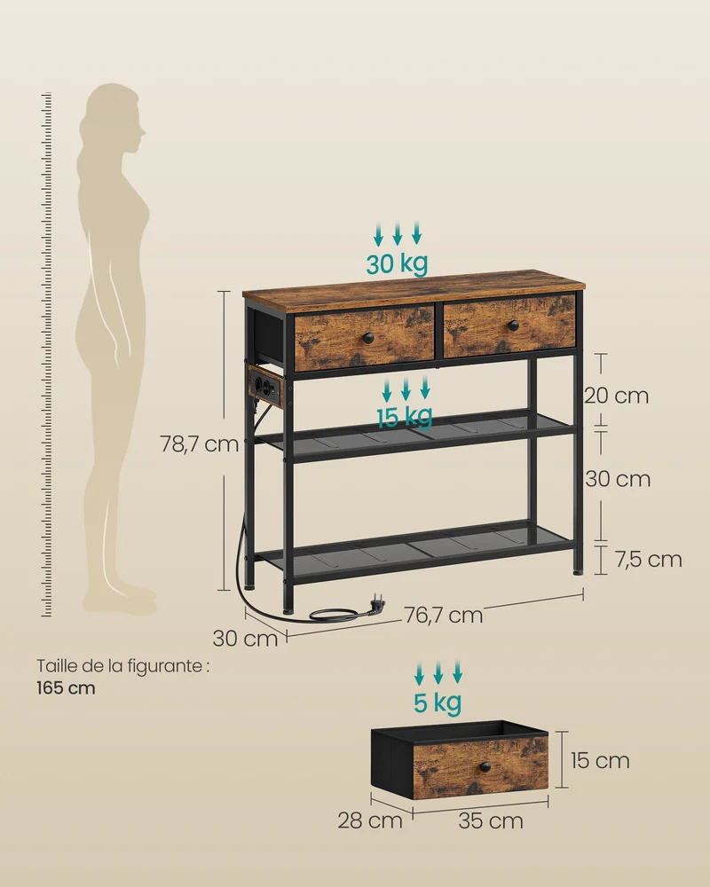 Table console moderne avec multiprise 30 x 76,7 x 78,7 cm 2 tiroirs pratique style rustique en panneau MDF marron 12_0013198