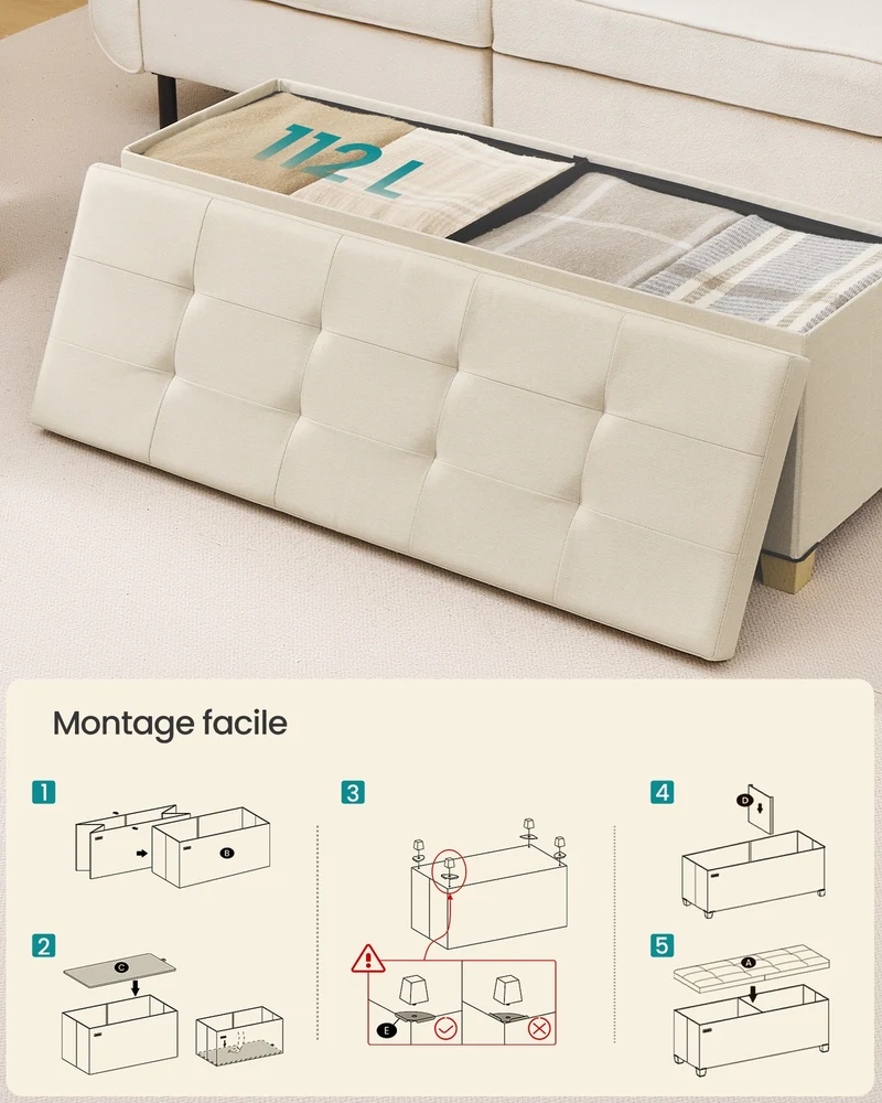 Banc de rangement pliable avec couvercle rabattable 38 x 110 x 40 cm capacité 112 L style contemporain en tissu beige clair 12_0013114