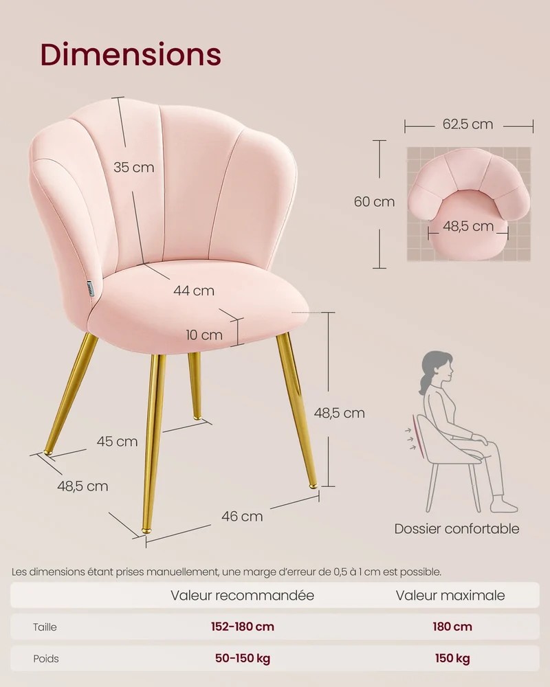 Chaise de salle à manger rembourrée style moderne dossier pétales 62,5 x 60 x 80 cm en velours rose poudré 12_0013047