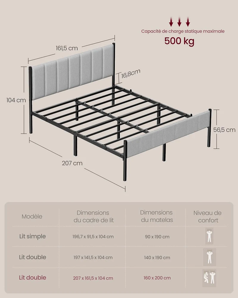 Cadre de lit simple 90 x 190 cm avec tête de lit rembourrée montage facile style contemporain en acier gris 12_0012989