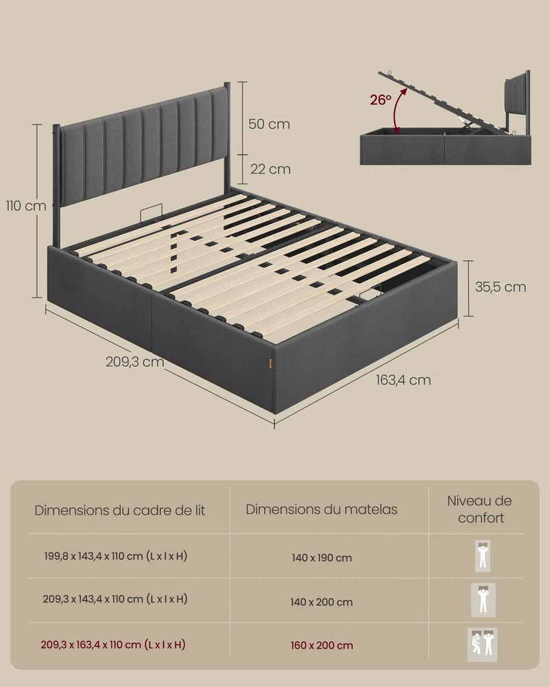 Lit coffre moderne avec sommier relevable rangement 209,3 x 163,4 x 110 cm en tissu imitation lin gris ardoise 12_0012814