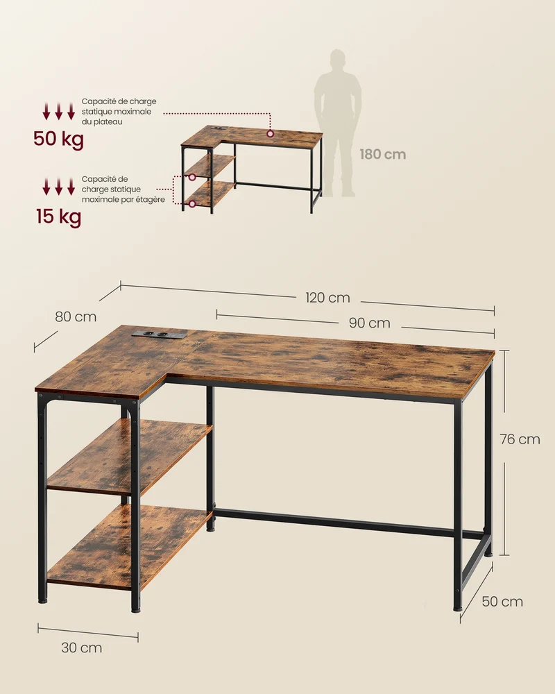 Bureau gaming en L avec rangement réglable 120 x 80 x 76 cm design moderne ambiance cosy en aggloméré marron 12_0012798