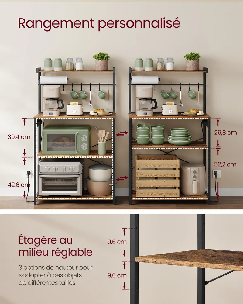 Étagère de cuisine moderne avec espace pour micro-ondes et porte essuie-tout 40 x 80 x 140 cm en aggloméré noir 12_0012447