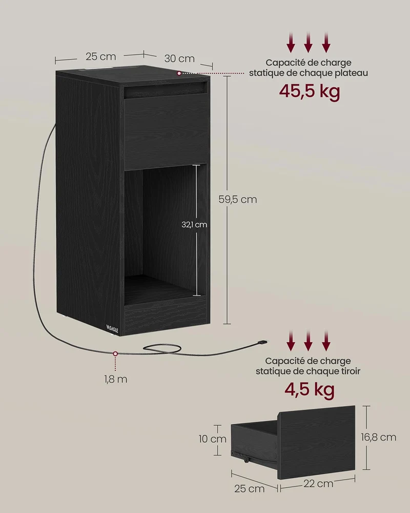 Table de chevet étroite design moderne avec tiroir et compartiment ouvert 30 x 25 x 59,5 cm en panneau MDF noir boisé 12_0012223