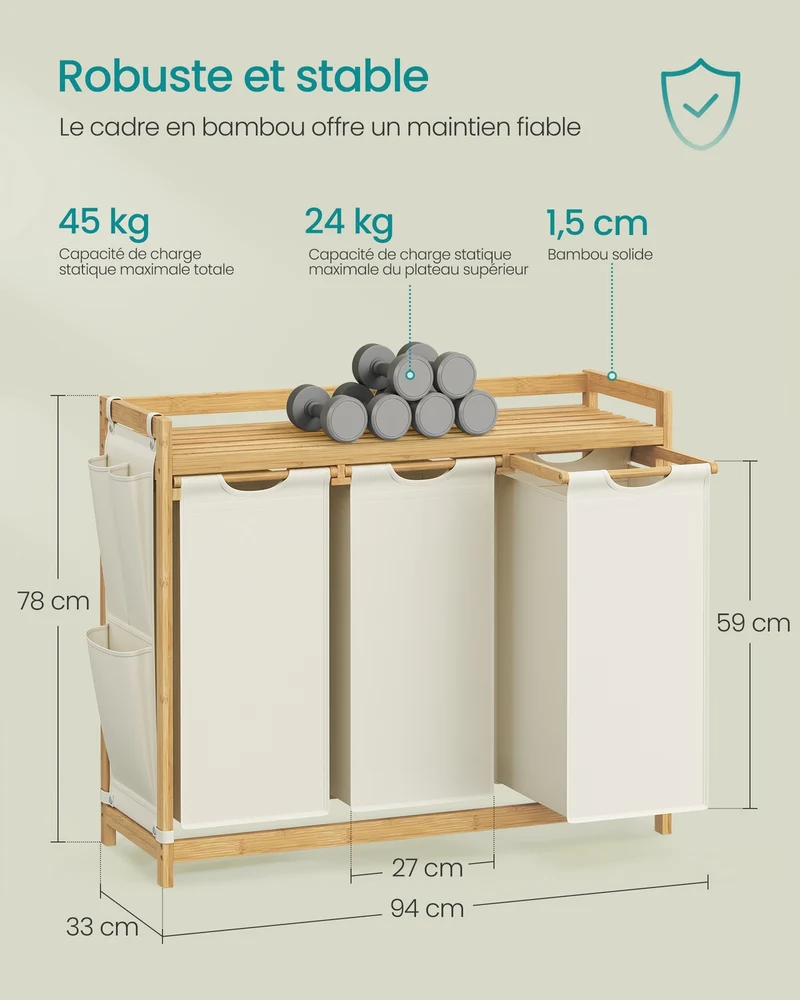 Lot de 3 paniers à linge en bambou avec étagère 94 x 33 x 78 cm capacité 150 litres style épuré blanc crème 12_0012147