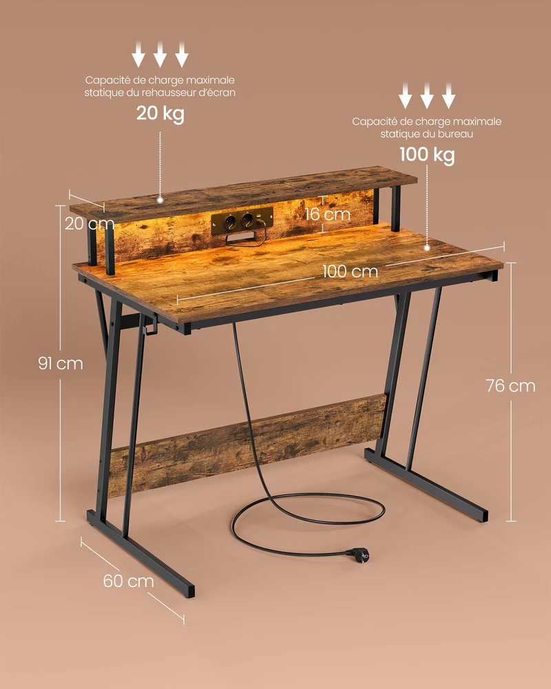 Bureau gaming ergonomique avec rehausseur d'écran pour 2 ordinateurs 60 x 100 x 76 cm en aggloméré marron rustique 12_0012058