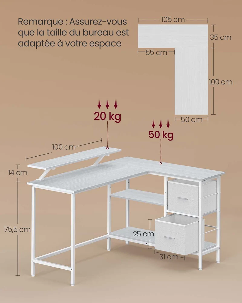 Bureau en forme de L avec 2 tiroirs spacieux et étagère réglable 105 x 135 x 89,5 cm style rustique en panneau d'aggloméré blanc érable 12_0011900