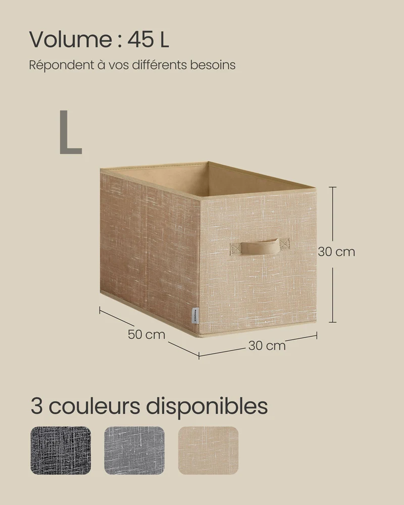 Lot de 3 boîtes de rangement pliables 50 x 30 x 30 cm avec poignées pour chambre salon ambiance cosy en tissu beige sable 12_0011698
