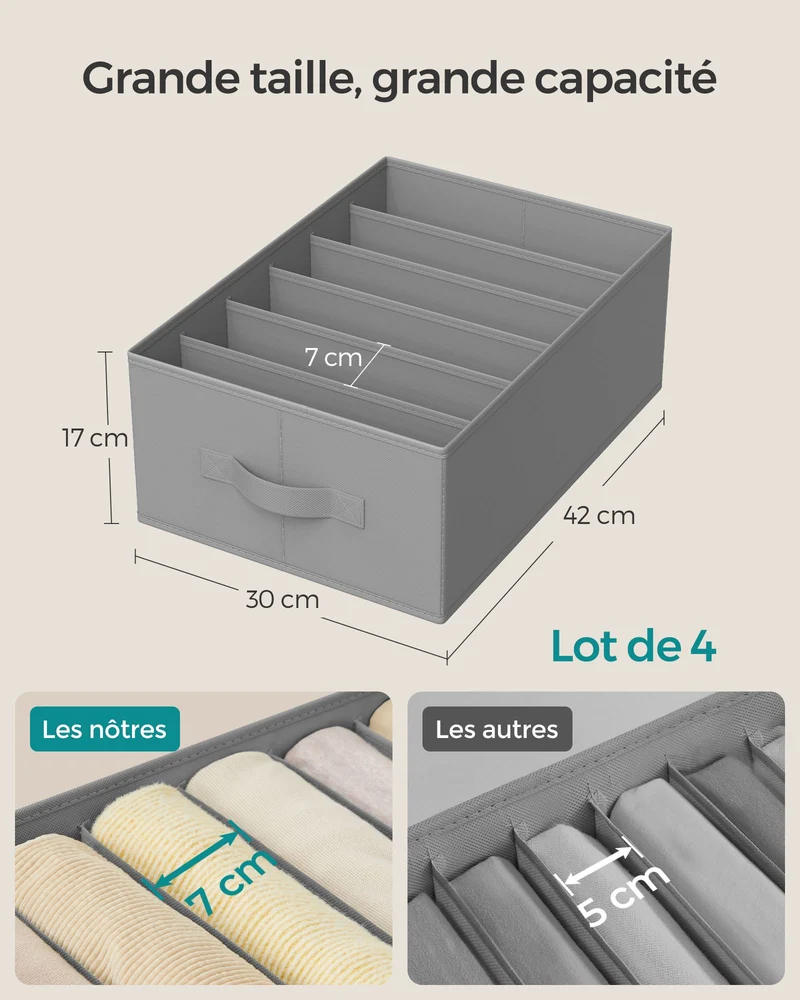 Lot de 4 organisateurs à 6 compartiments rangement vêtements 42 x 30 x 17 cm en tissu non-tissé gris tourterelle 12_0011171