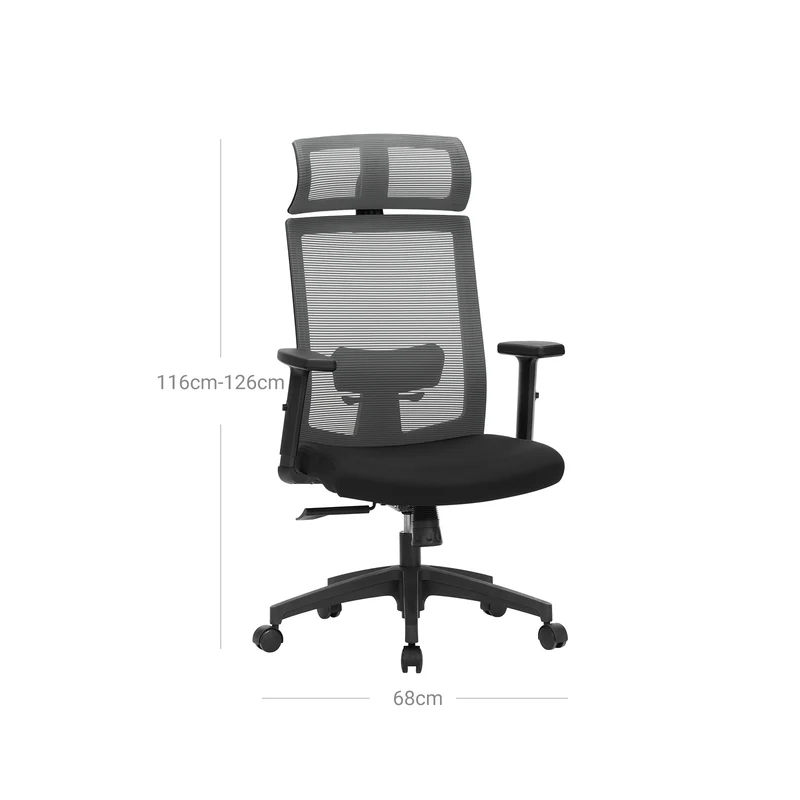 Chaise de bureau ergonomique réglable avec accoudoirs et appui-tête 65 x 53 x 126 cm en toile grise 12_0010016