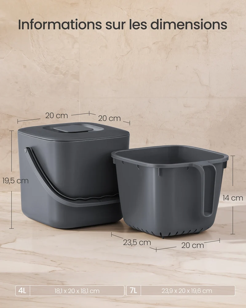 Poubelle compost 7 L pratique cuisine 24 x 20 x 19,5 cm avec couvercle anti-odeur en plastique gris foncé 12_0013194