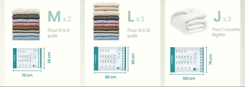Lot de 6 housses de rangement sous vide taille M 70 x 50 cm réutilisables gain de place pour vêtements placard en plastique transparent 12_0013057