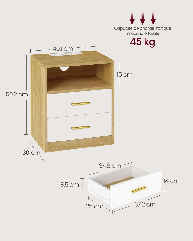 Lot de 2 tables de chevet modernes avec tiroirs et compartiment ouvert 30 x 40,1 x 50,2 cm en MDF blanc nuage 12_0012531