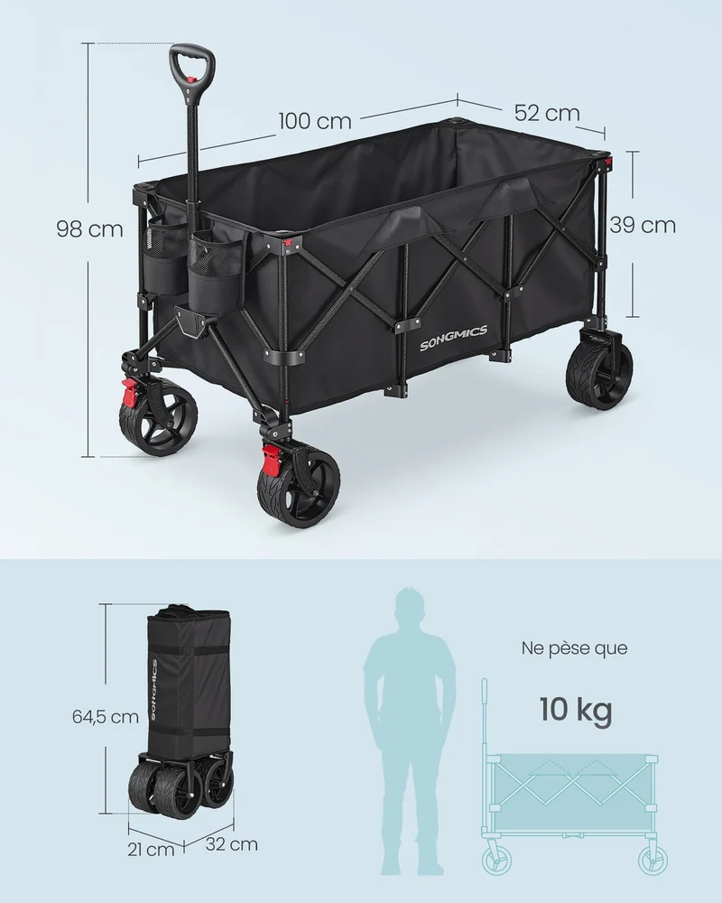 Chariot pliable pratique extérieur 52 x 100 x 98 cm capacité 200 L 4 roues amovibles style moderne en plastique noir 12_0012476